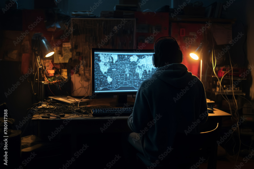 Hacker using computer in a dark room, cybersecurity and technology concept.