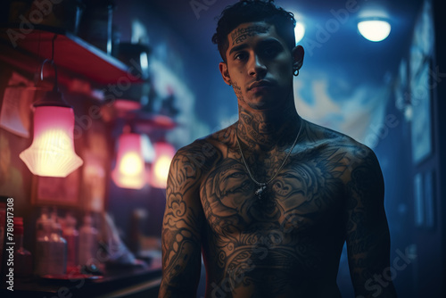 Tattooed man with neck and face tattoos in a bar with ambient colored lighting