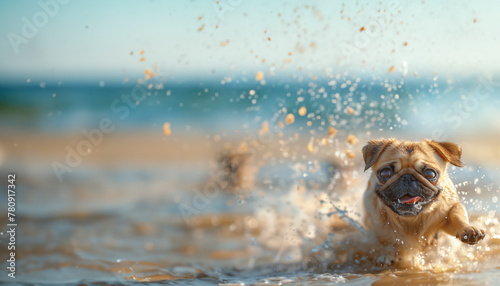 A playful pug dashing along the shoreline, its little legs kicking up sand as it enjoys a sunny day at the beach