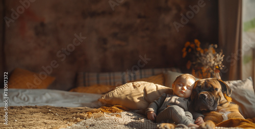 A serene nursery room scene with a gentle baby in overalls sitting next to a snoozing large Mastiff, bathed in soft light photo