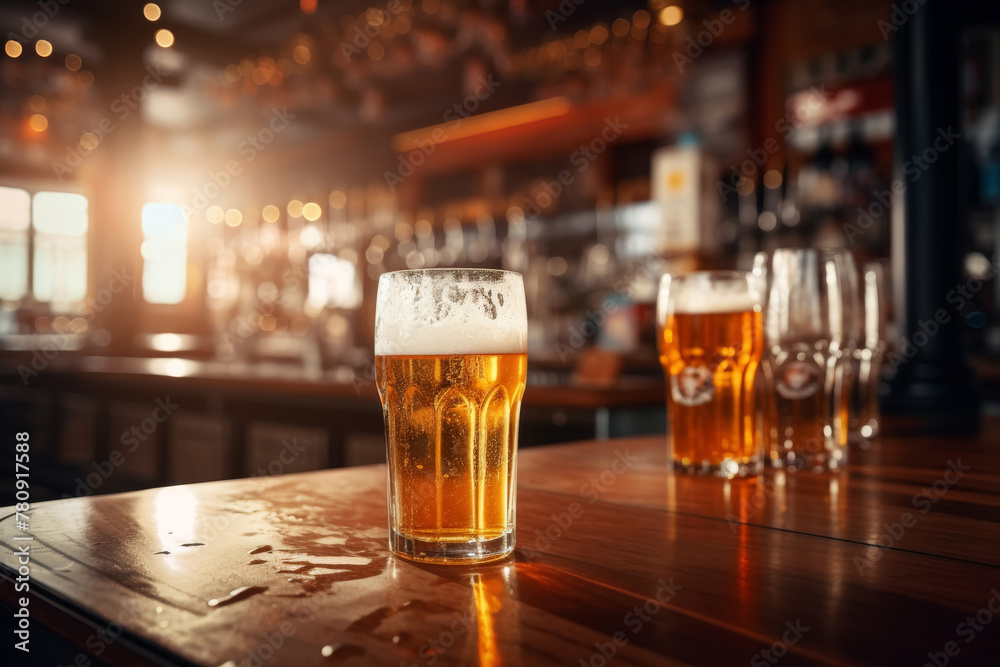 Three glasses of beer on a bar counter with reflective surface
