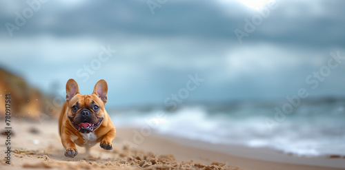 An energetic French Bulldog with its tongue out, sprinting joyfully across a sandy beach, with ocean waves in the background photo