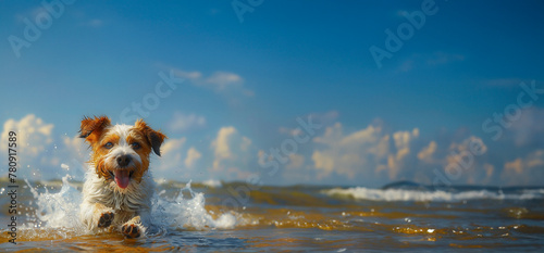 An exuberant Jack Russell Terrier, tongue lolling to the side, playfully bounding along the water‚Äôs edge on a clear beach day photo