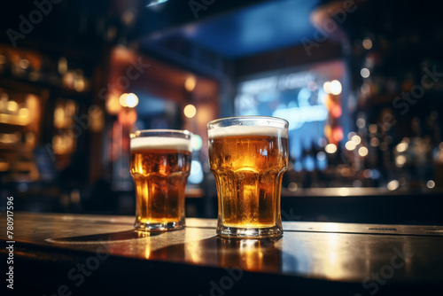 Two pint glasses of beer on a bar counter with a warm ambient pub atmosphere
