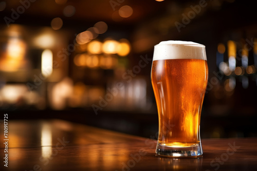 Full glass of craft beer on bar counter with bokeh lights in background