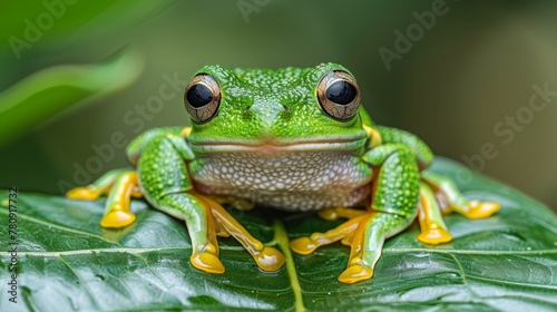  A frog up-close on a green leaf against blurred background of intermingled foliage