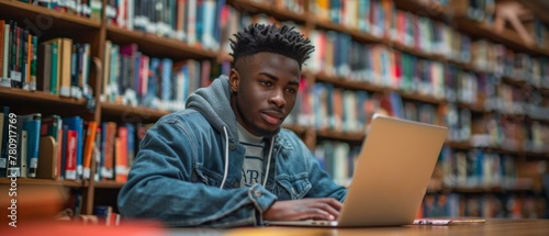 A young man sitting at a table with his laptop. Generative AI.