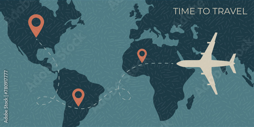 White plane flying above the world map. Vector background template for web page header