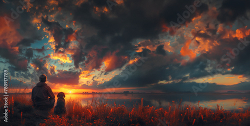 The darkened figures of a man and his faithful Beagle companion, side by side, overlooking a tranquil sunset with clouds streaking gold and pink