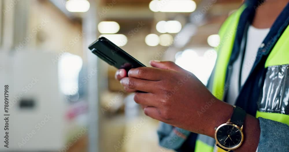 Construction, warehouse and closeup of architect with smartphone for research, networking or update on project. Employee, depot and typing on technology for ecommerce, discussion or text message