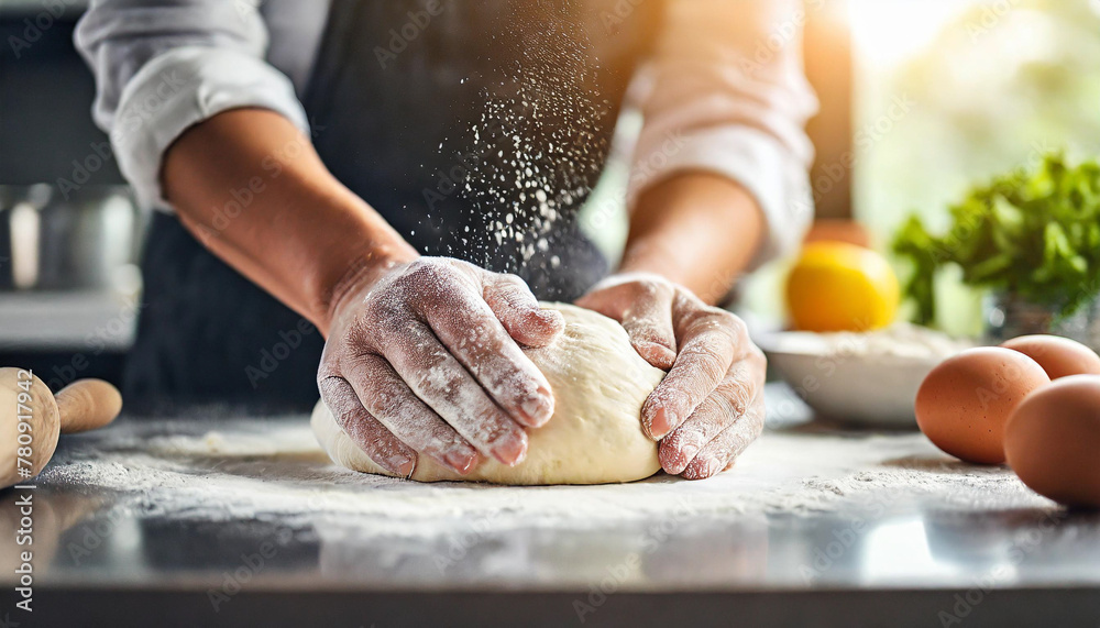 hands kneading dough on floured surface, creating homemade bread