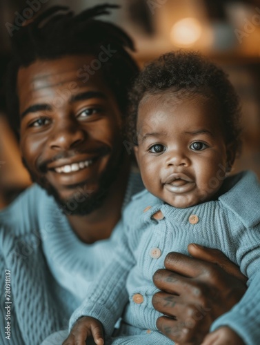 A man holding a baby in his arms smiling. Generative AI.