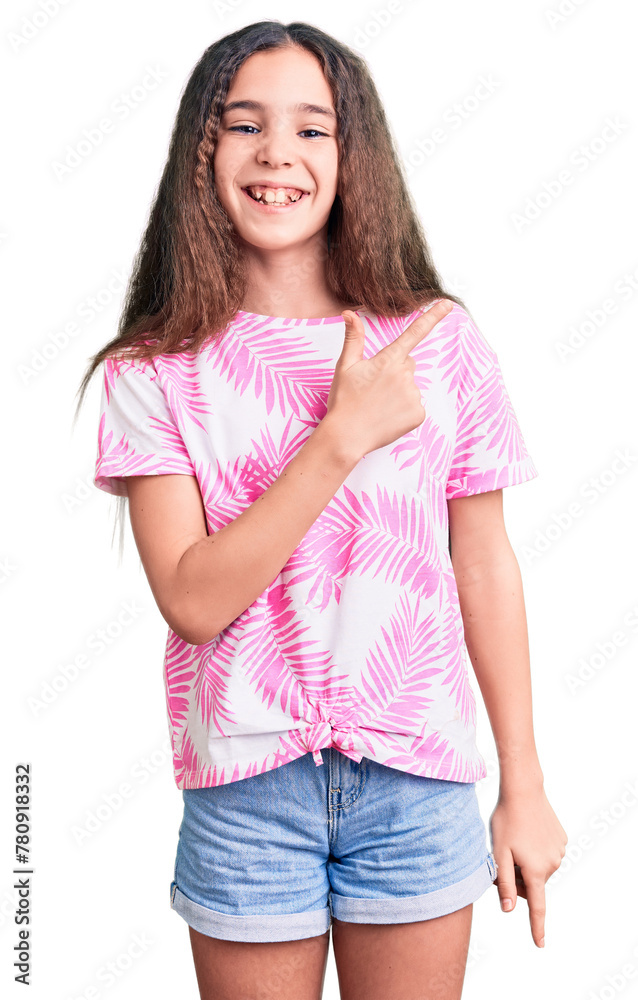 Cute hispanic child girl wearing casual clothes cheerful with a smile of face pointing with hand and finger up to the side with happy and natural expression on face Cute hispanic child girl wearing casual clothes cheerful with a smile of face pointing with hand and finger up to the side with happy and natural expression on face