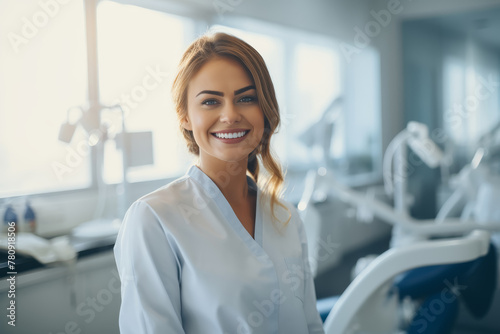 Free Download Waist-up portrait of a smiling dentist woman in a dental clinic - GFXLoad