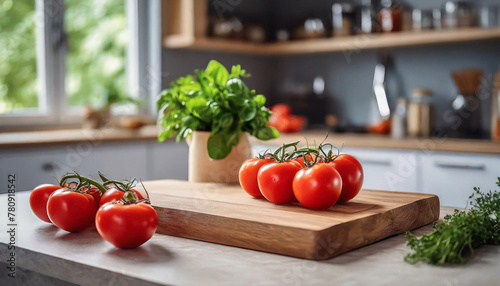 Wooden cutting board and fresh tomatoes on modern kitchen table