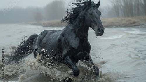   A black horse gallops through murky water amidst a foggy backdrop Trees and shrubs shrouded in mist dot the surroundings © Olga