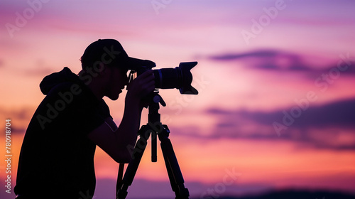 Photographer Capturing the Vivid Twilight Sky on a Tranquil Evening