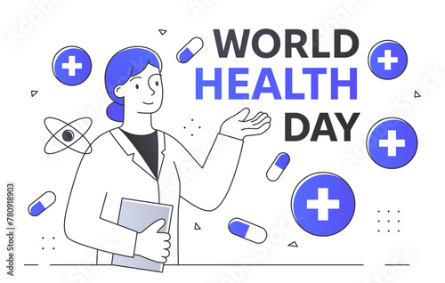Cartoon illustration of a healthcare worker for World Health Day, with medical icons, on a white background, promoting healthcare. Vector illustration