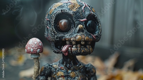 A figurine of a skeleton holding a mushroom in its mouth, with smoke rising from the opening where its mouth should be