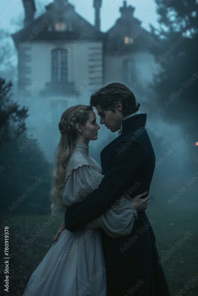 Young lovers in a misty victorian estate setting Young lovers in a misty victorian estate setting