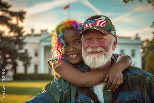 Happy patriotic republican white army veteran wearing USA flag baseball hat with black granddaughter wearing rainbow color hair photo