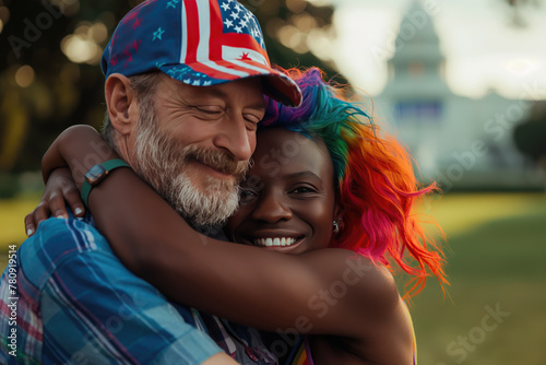 Conservative republican white man hugging liberal democrat black LGBT woman with rainbow color hair, white house with copy space in background
