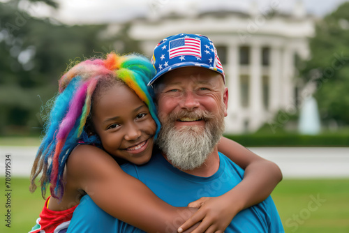 Happy conservative republican white grandfather wearing USA flag baseball hat with black granddaughter wearing rainbow color hair
