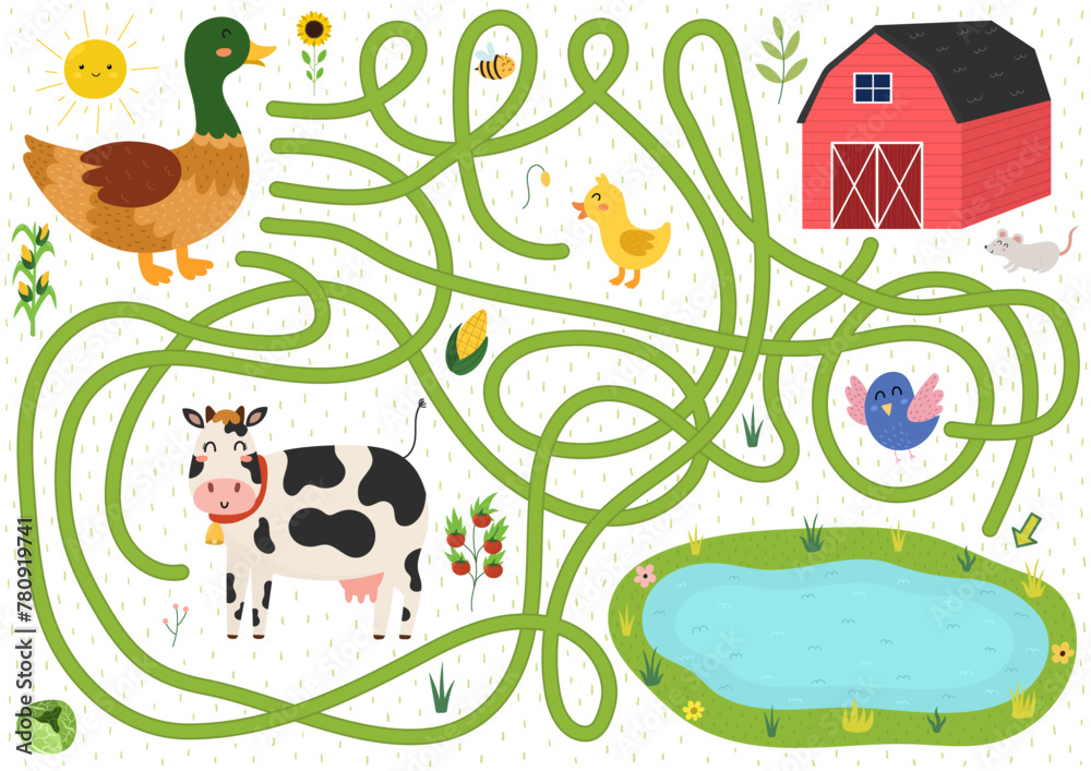 Help the duck to find a way to the pond. Farm maze activity for kids. Mini game for school and preschool. Vector illustration