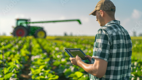 Farmer at a plantation field looking at a eletronic tablet