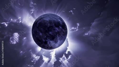 solar eclipse with the sun surrounded by swirling clouds, purple light rays around it,