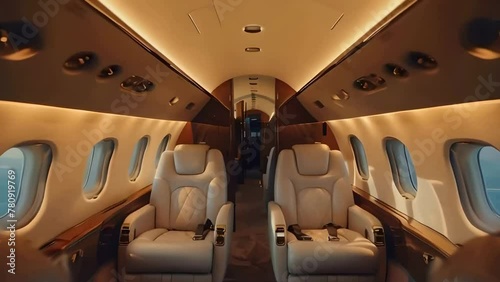 interior of luxury private jet, white leather seats, windows on each side showing the sky outside