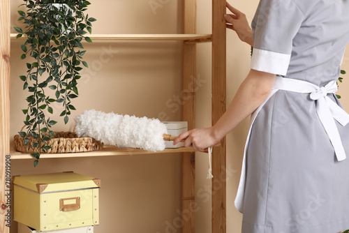 Female maid cleaning wooden rack in living room photo