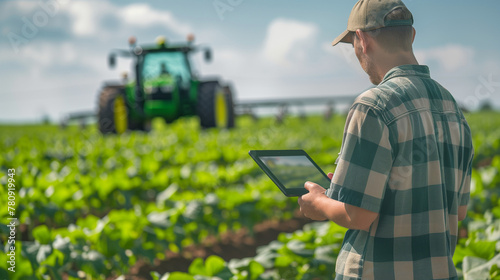 Farmer at a plantation field looking at a eletronic tablet
