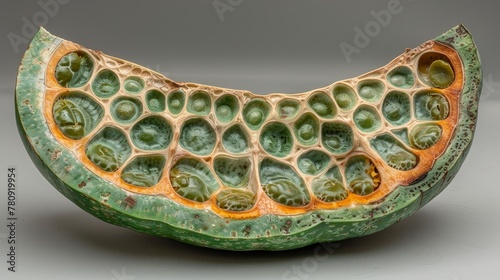   A work of art depicting a fruit-like form with perforations in its side