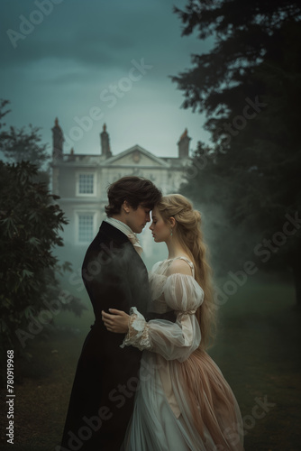 Enigmatic couple in a vintage romantic setting