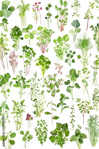 Collection of different microgreen plants portrayed in watercolor for health and diet concepts