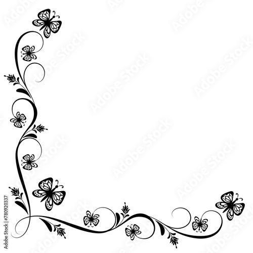 Floral corner ornament with flowers, butterflies and foliage in retro style isolated on white background.