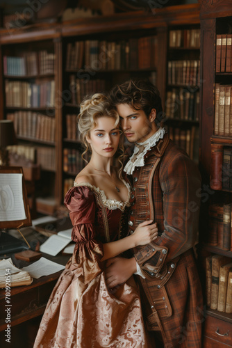 Couple in a library with vintage fashion