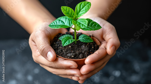 plant in a pot being held by hands that transmits the care of nature