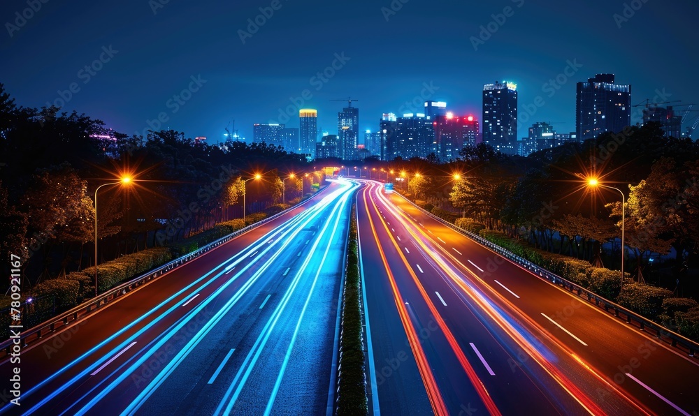 Light trails on a city street, long exposure photography