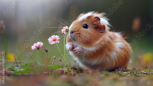   A hamster, brown and white, stands atop a grassy field Nearby, a pink and white flower blooms