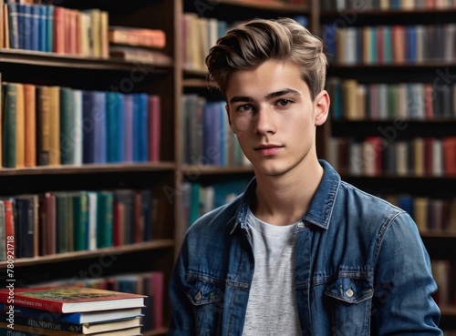  Portrait of a european young male student sitting in a library