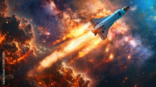 Powerful Rocket Ship Blasting Off into Vibrant Cosmic Landscape