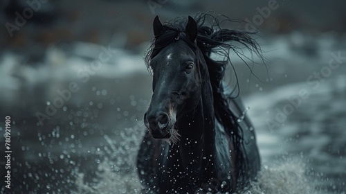  A tight shot of a horse in water, head raised high, mane billowing in the wind © Olga