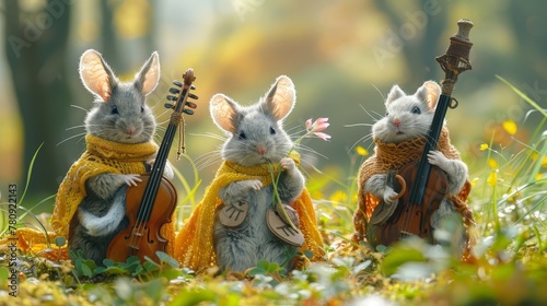  A pair of mice  one beside the other  hold violins before them in the grass