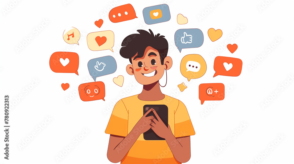 man holding smartphone to play entertainment of social media. The concept of living on playing social media. Abstract vector illustration.