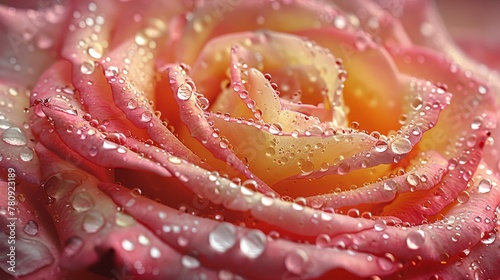  A tight shot of a pink rose with water droplets clinging to its petals, accompanied by a foreground pink rose