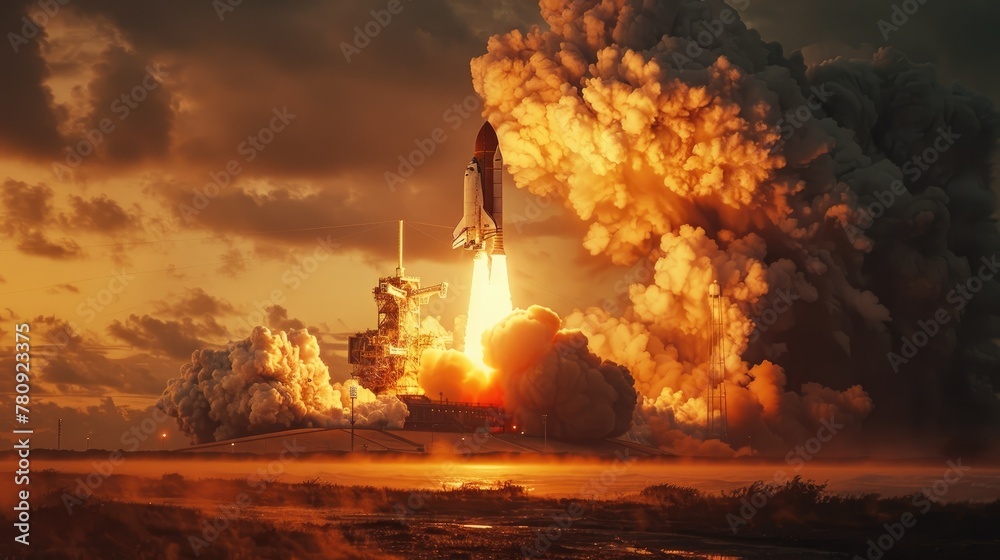 Dramatic Liftoff of Powerful Space Shuttle Soaring Through Fiery Clouds at Sunset