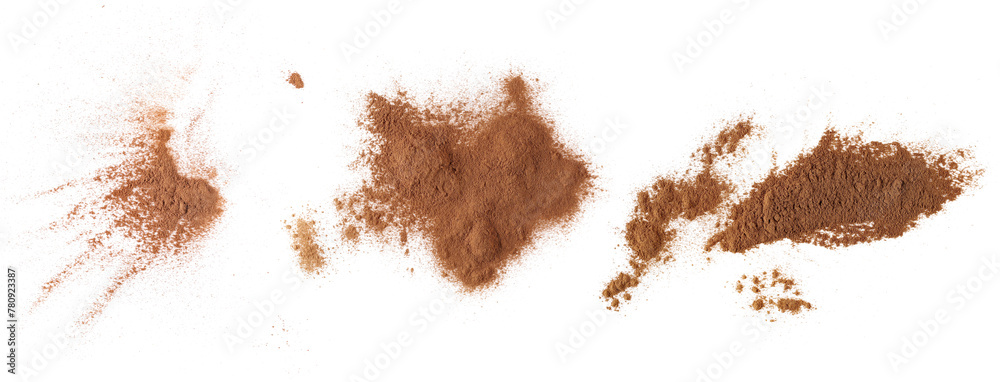 Naklejka premium Set cinnamon powder scattered isolated on white, texture 