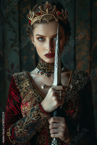 Intense young queen with ornate sword photo